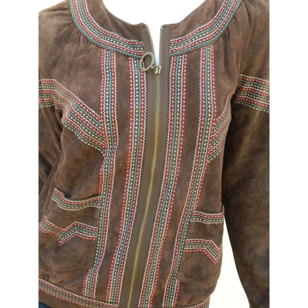 Vintage CACHAREL Jacket Size Medium Brown Suede Embroidered Boho Chic Festival - Picture 3 of 11